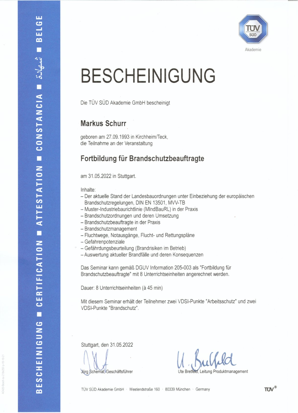 Zertifikat - Kabelschottung