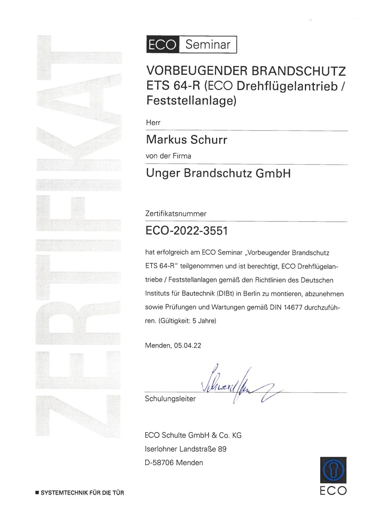 Zertifikat - Kabelschottung